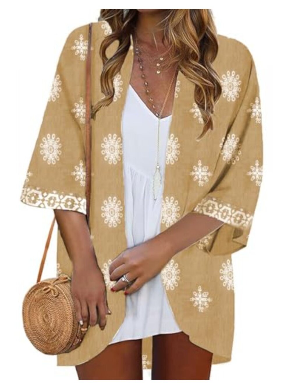 Womens Floral Kimono Cardigan 3/4 Sleeve Open Front Shawl Lightweight